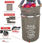 dbest products Bigger Laundry Trolley 360 Rolling Hamper Basket on wheels Bag Cart Large Capacity with Removable Liner for Dirty Clothes Drawstring Cover 4 Swivels, Brown