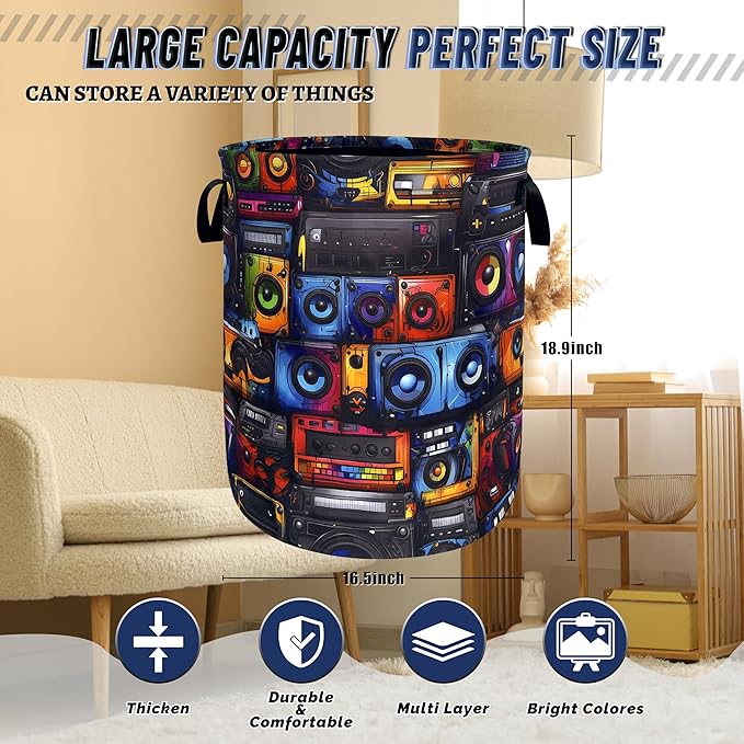 Retro Radio Tape Laundry Basket Oxford Cloth Colorful Music Laundry Hamper With Handle Foldable Portable Clothes Storage Basket Funny Laundry Bag 18.9"x16.5" For Laundry Room/Bedroom/Bathrooms
