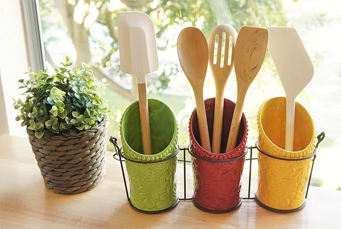 Kitchen Utensil Holder Set (4 Pieces) - 3 Ceramic Crocks & 1 Portable Wire Caddy - Multi-Color