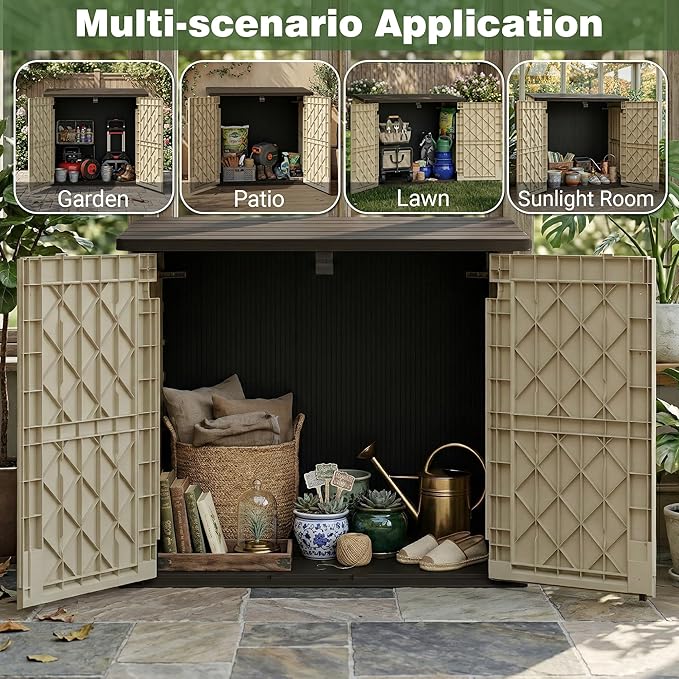 LHBcraft Waterproof Outdoor Storage Box 36 Cu Ft with Lockable Doors, Portable Horizontal Resin Storage Cabinet, Outdoor Storage Shed for Backyards, Easy to Assemble