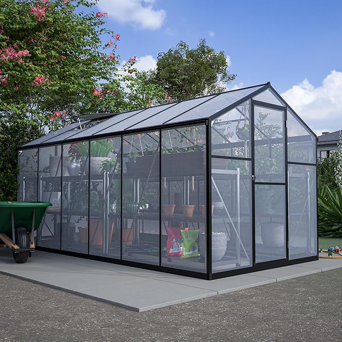 Large Walk-in Clear Polycarbonate Greenhouse with Rain Gutters & Adjustable Roof Vent - Sturdy Aluminum Frame Outdoor Plant House for Vegetable, Flower & Garden Growth-Outbuilding (6x12 ft)