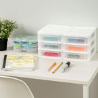 IRIS USA Plastic Stacking Desk Top 3-Drawer Storage Organizer, 4-Pack, for Makep Vanity Nail Polish Bathroom Stationery Art Craft Supplies Kitchen Office Garage and Small Organization, Small, White