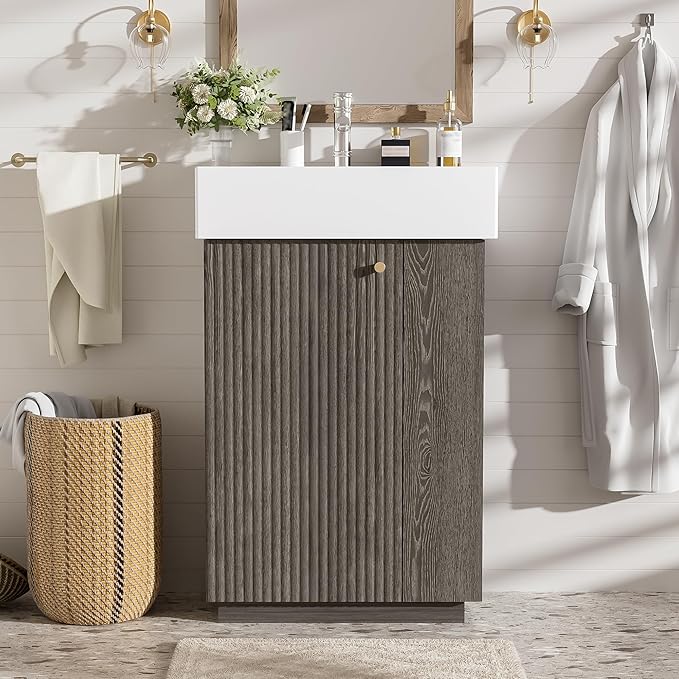 21.6" Small Fluted Bathroom Vanity with Sink,Soft Closing Doors and Storage Shelves,Natural Wood Single Bathroom Sink Cabinet Combo Freestanding,Dark Grey