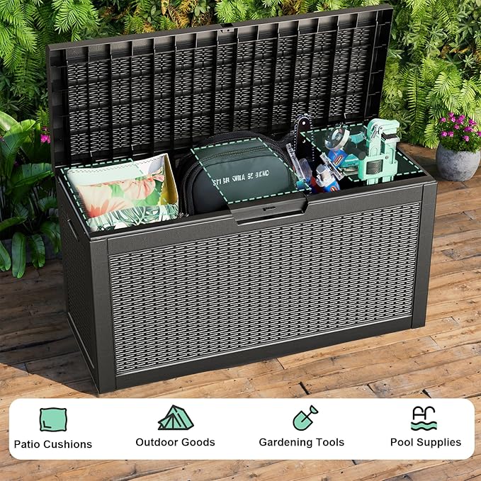 DRATO 70 Gallon Deck Boxes Outdoor Waterproof, Resin Large lockable Storage Box for Patio Furniture Side Table, Waterproof Storage Containers for Pool and Garden Accessories(70 Gallon, Black)