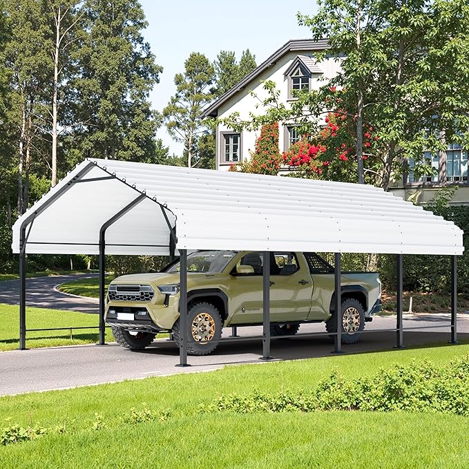 JY QAQA 12 x 20 FT Heavy Duty Metal Carport Canopy with Galvanized Steel Roof, Outdoor Car Tent Metal Garage Shelter for Car, SUV, Trucks and Boats, White