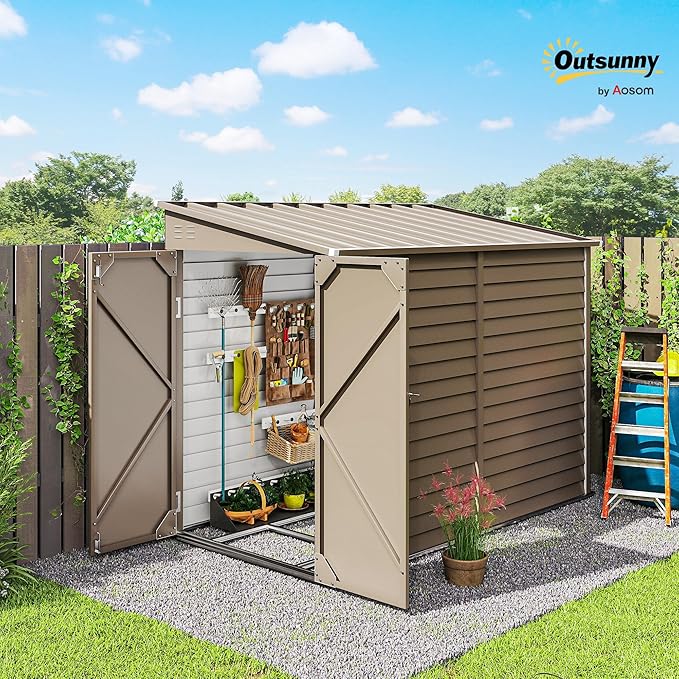 Outsunny 4.6' x 9' Steel Outdoor Storage Shed, Waterproof Lean to Shed, Metal Garden Tool House with Foundation Kit, Lockable Doors, Gloves and 2 Air Vents for Backyard, Patio, Lawn, Brown