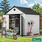 YITAHOME 8X8 ft Outdoor Plastic Storage Shed with Floor, 16mm Extra Thick Waterproof Garden Shed with Vision Window, Lockable Door & Vents, Heavy Duty Tool Storage for Patio, Lawn Mower, Bike, Gray