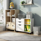 QDSSDECO 3-Drawer with Shelf Wood File Cabinet Mobile Lateral Filing Cabinet, with Rolling Wheel Printer Stand and Open Adjustable Storage Shelves, for Home Office, White