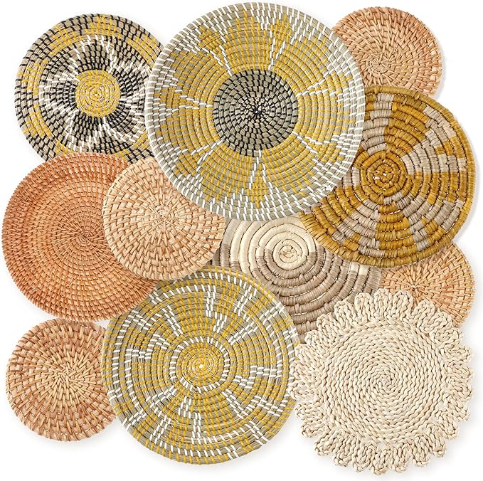 Tatuo 11 Pcs Boho Wall Basket Decor Decorative Bulrush Woven Basket Wall Decor Art Round Farmhouse Hanging Baskets for Kitchen Rustic Home Summer Decorations, Multi Sizes(Lively)