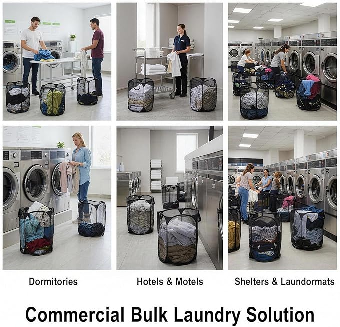 16 Pack Commercial Pop Up Laundry Hampers, 112L Large Capacity, Foldable Mesh with Steel Frame, Oxford Fabric Bulk Laundry Baskets for Hotels, Dorms, Shelters and Property Management (16)