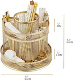 Annova Mesh Desk Organizer Rotate with 5 Compartments Round Spinning Tidy Candy/Pen Holder Desk Accessories Office, Art Supply, Storage, Classroom, Home (Gold)