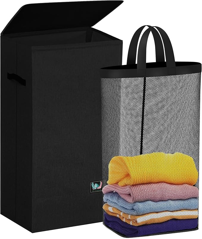 Laundry Hamper with Lid, Reinforced Sturdy Clothes Hamper with Anti-Puncture Base, Large Collapsible Laundry Basket with Removable Liner Bag, Tall Dirty Clothes Bin for Family, 100L Black