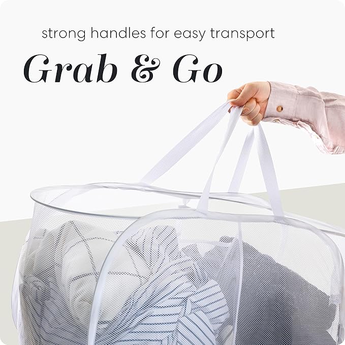 Handy Laundry Collapsible Laundry Basket, 2-Compartment Mesh Hamper – Foldable, Space-Saving, Lightweight & Durable with Handles for Dorm, Travel, Laundry Room, Apartment – White