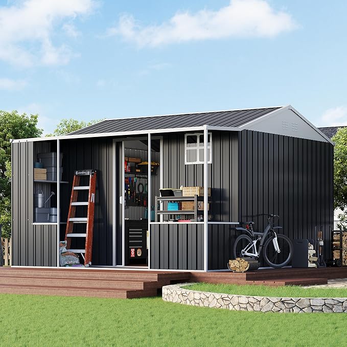 VanAcc 10×10.5×7 FT Metal Storage Shed, Dual-Zone Tool Shed with Work Area, Reinforced Frame, Gable Roof, Ventilated Design, Dark Grey