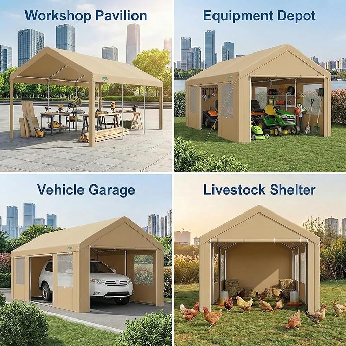 COBIZI 12x20 FT Heavy Duty Carport with Galvanized Frame, Carport Canopy with Roll-up Windows, Storage Tent with Removable Sidewalls & Doors, Built-in Sandbags for Car Boat Truck, Khaki