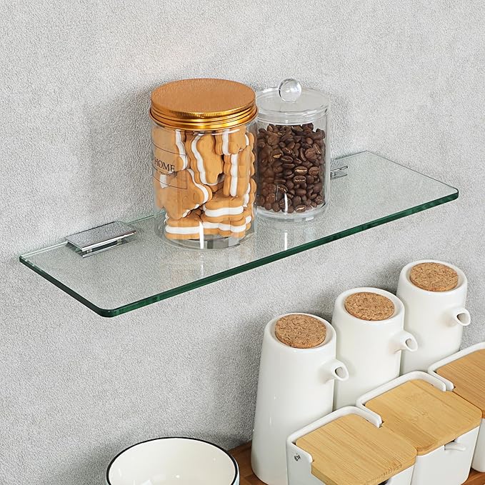 SAYAYO Floating Glass Shelves for Bathroom, Tempered Glass Shelf for Wall 15 x 5 Inch 1 Pcs, Clear