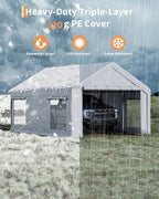 GarveeLife 13x20 ft Carport with 8 Sandbags, Car Port with 220 g PE Tarp, 2 Roll-Up Doors, and 4 Windows, for Full-Size Pickups, Bass Boats, Tractors, and SUVs, White