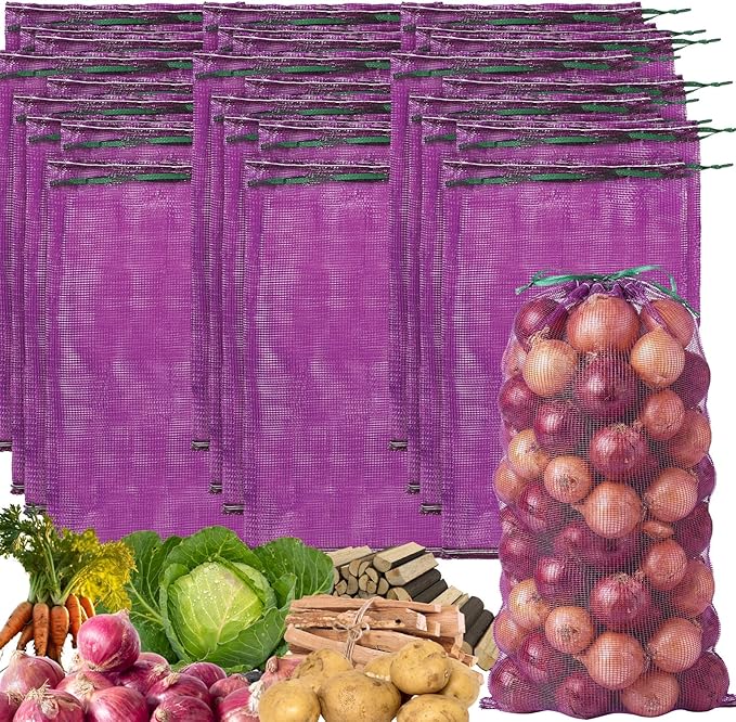 SATINIOR 60 Pcs Large Mesh Storage Produce Bags 21'' x 32'' Mesh Onion Bags 50 Lbs Reusable Vegetable Storage with Drawstring Potato Sacks for Onion Potato Citrus Fruit Produce Firewood (Purple)