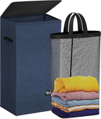 Laundry Hamper with Lid, Reinforced Sturdy Clothes Hamper with Anti-Puncture Base, Large Collapsible Laundry Basket with Removable Liner Bag, Tall Dirty Clothes Bin for Family, 100L Navy Blue