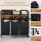 Laundry Sorter 3 Section,144L Hamper with Non-Woven Drawers,360° Rolling Laundry Basket,Pull-Out and Removable Oxford Fabric Laundry Bags,Rustic Brown and Black