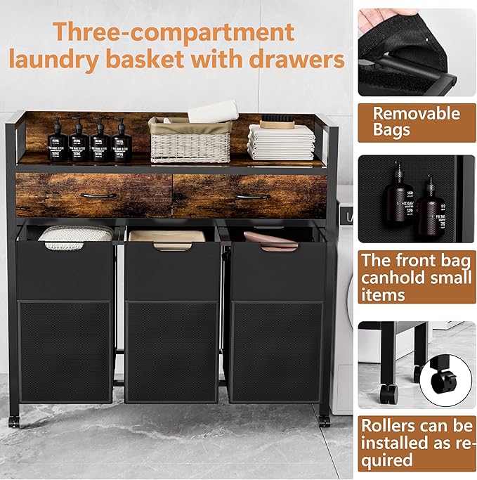 Laundry Sorter 3 Section,144L Hamper with Non-Woven Drawers,360° Rolling Laundry Basket,Pull-Out and Removable Oxford Fabric Laundry Bags,Rustic Brown and Black