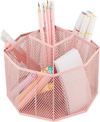 Annova Mesh Desk Organizer Rotate with 5 Compartments Spinning Tidy Candy/Pen Holder Office, Art Supply, Storage, Classroom, Home (Light Pink)