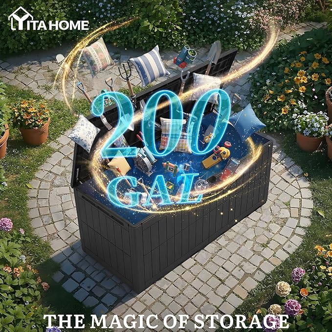 YITAHOME 200 Gallon Large Outdoor Storage Box XL Resin Deck Box with Lock, Waterproof Patio Furniture Bin and 3-Person Bench Seating for Garden Tools & Pool Accessories, Black