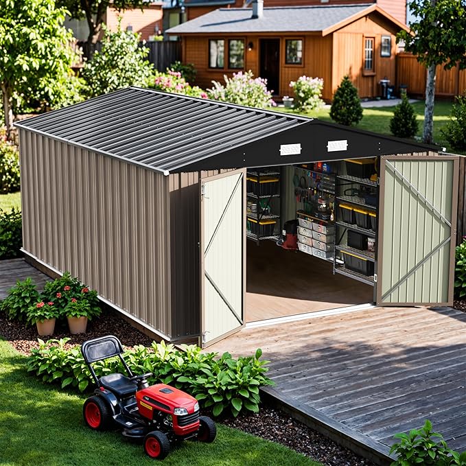 Patiowell 10x14 FT Storage Shed, Outdoor Metal Steel Garden Shed with Lockable Door and Sloping Roof, Large Outside Utility Tool Sheds for Backyard Garden Patio, Brown