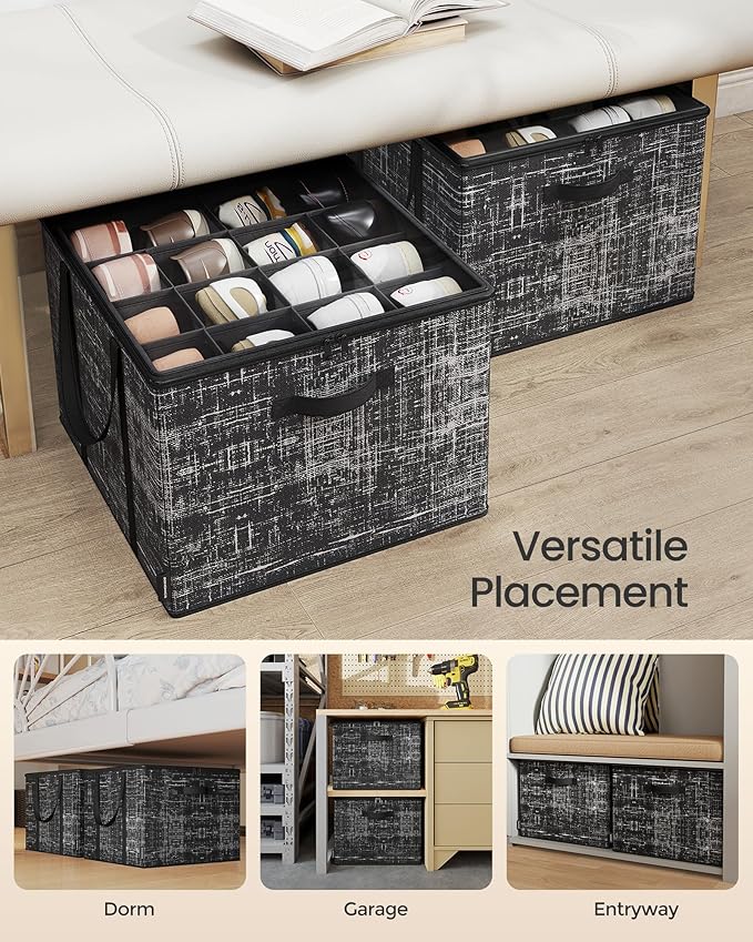 SONGMICS Shoe Organizer for Closet, Shoe Storage Box with Clear Lid, Foldable Fabric Bins, Holds 16 Pairs, Reinforced Handles, 16.5 x 16.5 x 12.5 Inches, Ink Black ULSP601B01