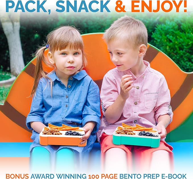 Small Snack Containers for Kids Toddlers - 3 Compartments (Set of 2) - Leak-proof Reusable Snack Boxes with Lids - BPA-Free Mini Bento Lunch Box - Ideal for School,Holds 2 Cups (Teal Blue + Orange)