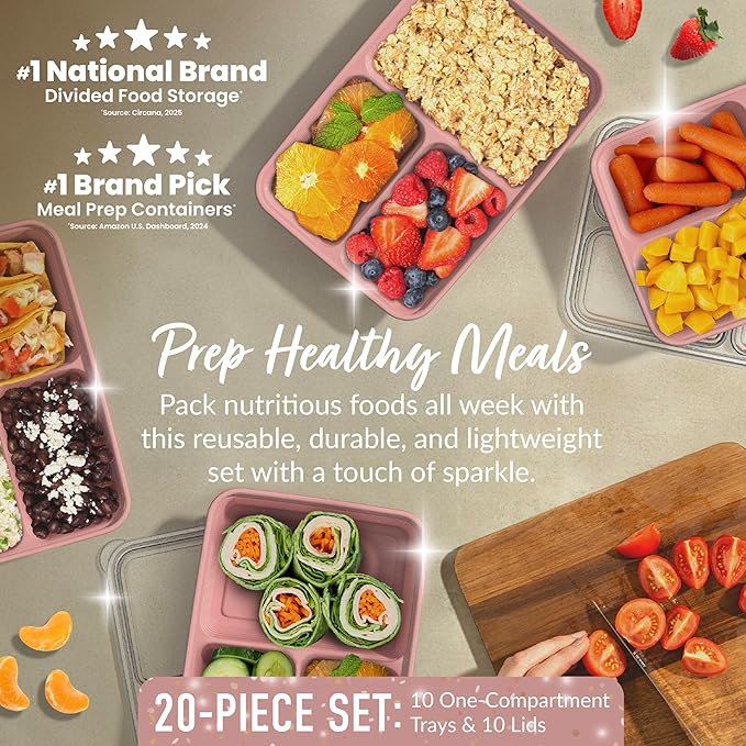 Bentgo Prep - 20-Piece 3-Compartment Reusable Meal Prep Containers with Lids, PFAS & BPA Free Materials, Durable, Microwave, Freezer, & Dishwasher Safe To Go Food Storage (Rosette Glitter)