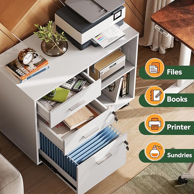DEVAISE 3-Drawer Wood File Cabinet with Lock, Mobile Lateral Filing Cabinet, Printer Stand with Open Storage Shelves for Home Office, White