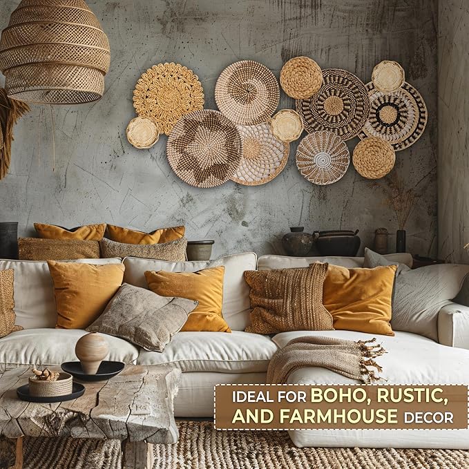 Laquedecraft Set 12 Boho Wicker Rattan Plate Basket Set For Décor Hanging Wall | Large Woven Farmhouse Rustic Bohemian Art Baket Hangings For Decorative Home, Bedroom, Living Room, Kitchen, Bathroom (Classic, 12)