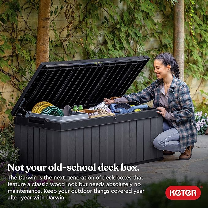 Keter Darwin 100 Gallon Resin Large Deck Box - Organization and Storage for Patio Furniture, Outdoor Cushions, Garden Tools and Pool Toys, Grey & Black