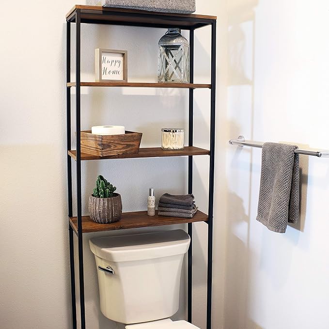 Sunnydaze 69-Inch 4-Tier Over-the-Toilet Shelf - Open Shelves, Veneer Finish and Black Iron Frame - Teak Color