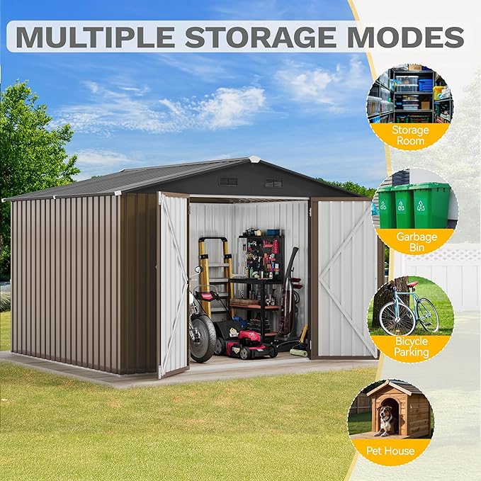 DWVO 10x8ft Outdoor Storage Shed, Large Metal Tool Sheds, Heavy Duty Storage House with Lockable Doors & Air Vent for Backyard Patio Lawn to Store Bikes, Tools, Lawnmowers, Brown