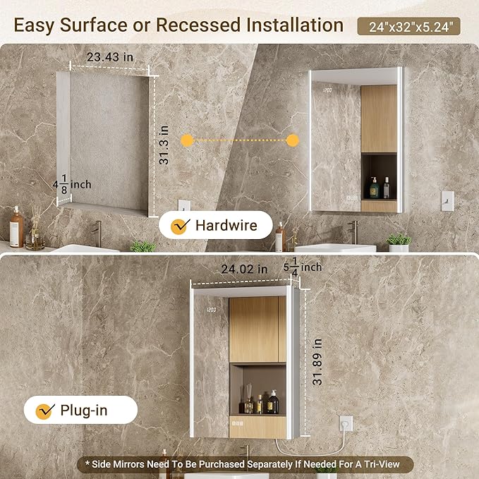 24x32 Lighted Medicine Cabinet Mirror with Lights & Smart Night Lamp -Surface or Recessed Medicine Cabinet Mirror with Outlet & Clock,Fogless Dimmable LED Storage Mirror,Built-in Sensor Light