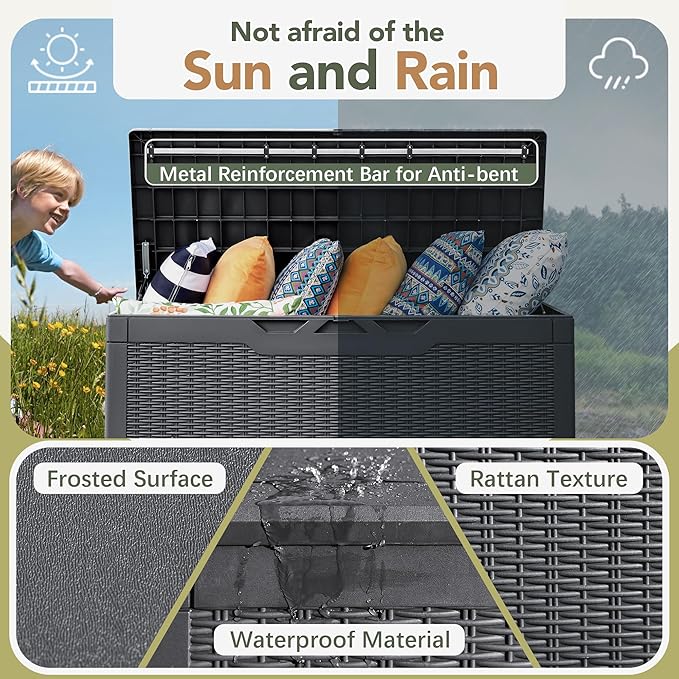 Flamaker Deck Box with Cushion 98 Gallon Waterproof Resin Storage Box with Air Rod Indoor Outdoor Lockable Storage Bench for Patio Furniture, Tools, Pool Accessories (Gray)