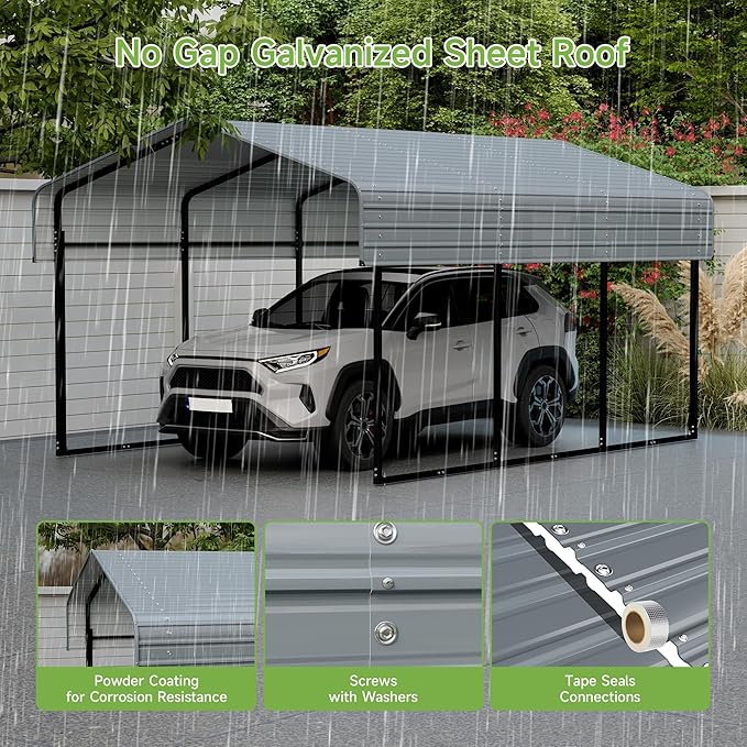 10x15FT Metal Carport,Heavy Duty Carport with Reinforced Frame and Galvanized Steel Roof, Outdoor Garage Shelter Shade Car Port for Pickup Trucks, Boats, Cars & Tractors, Farm Tools, Party, Gray