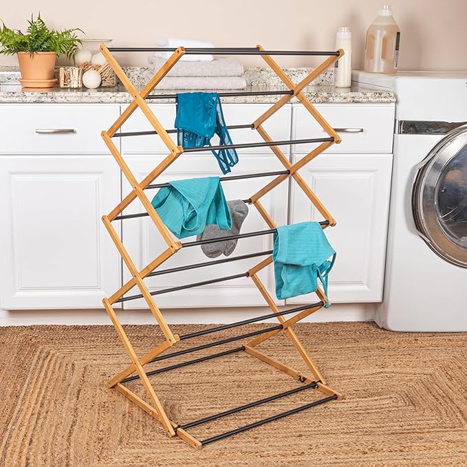 Household Essentials Bamboo Adjustable Folding Clothes Drying Rack, Upscale Laundry Rack with 16 Coated Metal Dowels, Black