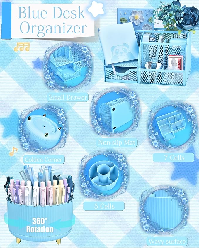 Blue Desk Accessories and Organizers with Desk Organizer and 360°Rotating Pen Holder stapler Pen and a Lot of Office Blue Office Supplies Beautifully Presented in a Gift Box