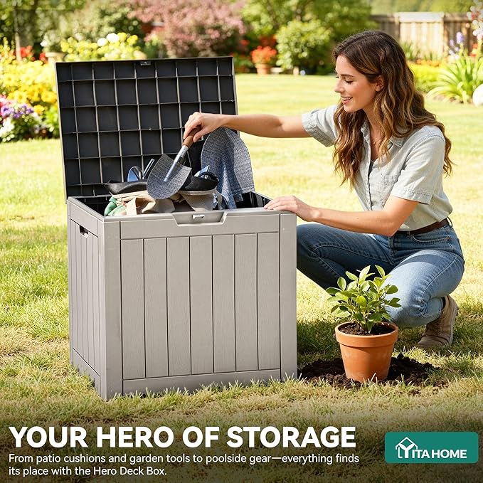 YITAHOME 31 Gallon Outdoor Storage Deck Box, Waterproof Resin Package Delivery and Storage Box with Lockable Lid for Patio Furniture Cushions, Pool Accessories, Garden Tools, Taupe
