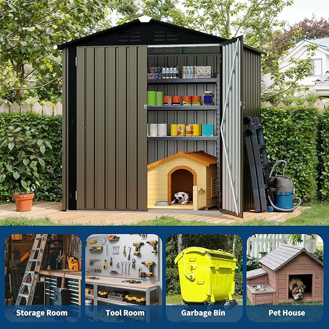 6X4 FT Outdoor Storage Shed, Galvanized Steel Outdoor Storage Shed, 130 Cu Ft Weather Resistant Garden Tool Sheds with Door & Sloped Roof, Multi-Use Shed for Bikes, Ladders