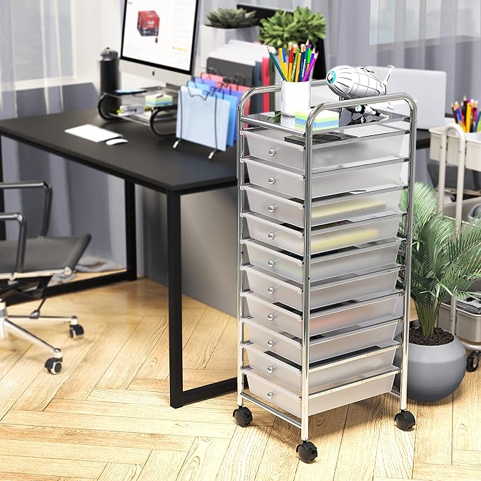 Simple Houseware Utility Cart with 10 Drawers Rolling Storage Art Craft Organizer, Chrome