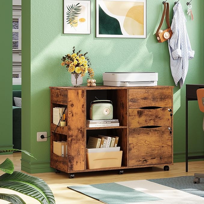 DEVAISE File Cabinet with Lock, 3 Drawer Rolling Mobile Lateral Filing Cabinets with Charging Station Printer Stand with Open Storage Shelves Fits A4 or Letter Size for Home Office Rustic Brown