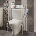 MyGift Over The Toilet Standing Shelf Storage with Magazine Basket, Freestanding Bathroom Space Saver Organizer Rack, White Metal Vintage Scrollwork Accents