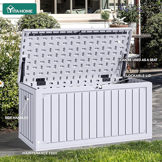 YITAHOME 90 Gallon Large Deck Box, Double-Wall Resin Outdoor Storage Boxes, Deck Storage for Patio Furniture, Cushions, Pool Float, Garden Tools, Lockable & Waterproof (White)