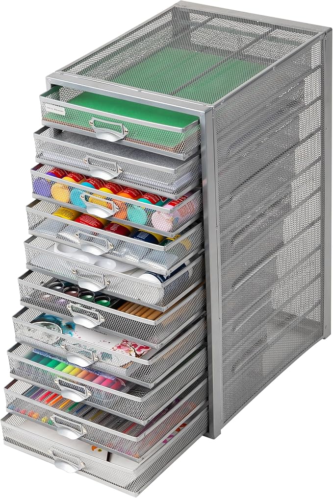 Mind Reader 10-Drawer Desk Organizer for Office Supplies, Crafts, Mail Sorting & More, Metal Mesh, 10.75"L x 14"W x 21.25"H, Silver