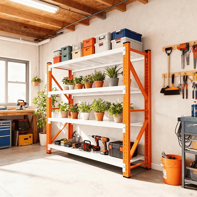 4-Tier Storage Shelves,79" H Heavy-Duty Garage Shelving Unit,Adjustable Metal Industrial Shelf System,3,500lbs Capacity,Tool Organizer for Garage,Workshop,48" W x 20" D x 79" H,Orange&White