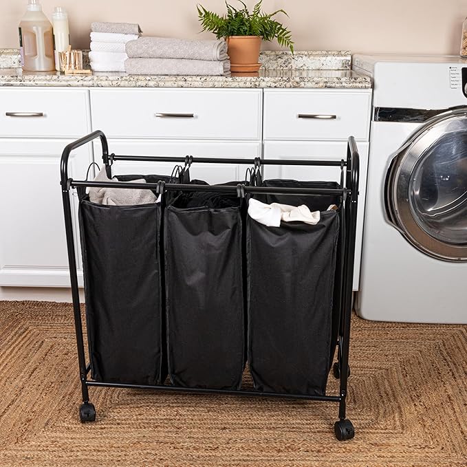 Household Essentials Rolling Triple Laundry Sorter, Black